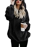 iWoo Kapuzenpullover Damen Langarmshirt Oberteile Hoodie Sweatjacke Teddy - Mantel Warm Flauschig Teddy-Fleece Pullover(Schwarz,XXL)