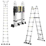 Lospitch 5M(2.5+2.5) M Aluminium Teleskopleiter klappbar Ausziehleiter mit Stabilisator Hochwertigem Klappleiter und Faltbaren Aluminiumleiter 150kg Belastbarkeit