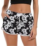 NEWISTAR Badehose Damen High Waist Locker Sommer Kurze Badeshort 3D Blume Druck Hawaii Strand Shorts Schnell Trocknendes UV Sport Sommerhose Gym Boardshorts mit Taschen,S,Schwarz