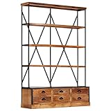 Homgoday Bücherregal 4 Ebenen Standregal Büroregal Aufbewahrungsregal Lagerregal Aufbewahrungsschrank für Wohnzimmer Arbeitszimmer Büro 6 Schubladen 122×36×181 cm Massivholz