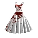 CAUYDY Deals of The Day Halloween Kostüm mit Blutigem Aufdruck Damen Retro Mittelalter Kleidung Ärmelloser Rockabilly Cocktailkleid Schnüren Gebundene Taille Festlich Gastkleider