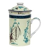 Keramik Teetasse mit Deckel + Sieb für Losen Tee mit Asiatischem Motiv (Asiatische Gräser, 514) Japanische Chinesische Tasse Für Teeliebhaber, Porzellan Kaffee Geschenk Set Asien Asia Becher Haferl