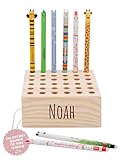 wunderwunsch Stiftehalter für Legami und co aus stabilem Holz, Stifthalter für Buntstifte Kinder Schreibtisch als Geschenk zur Einschulung und Grundschule (mit Name, quadratisch)