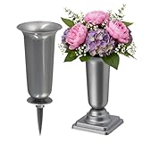 matches21 HOME & HOBBY Wetterfeste Grabvasen mit Erdspieß und Sockel (31, 32 cm) Silber - 2 Friedhofsvasen als Grabschmuck