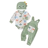 HodJIU Baby-Strampler für Neugeborene, Jungen, Herbst, Winter, 3-teilig, Dinosaurier-Druck, langärmelig, Strampelanzug, Hose, Mütze, niedliches Baby-Kleidungs-Set, grün, 0-3 Months