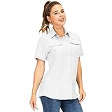 yeyity Hemdbluse Damen Kurzarm UV Schutz Wander Shirt Damen Atmungsaktiv Safari Hemd Schnelltrocknende Outdoorhemd,Sommer Tops (5076,White,XL)