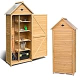 HOMASIS Gerätehaus Holz, Gartenschrank wetterfest Outdoor, 80x45x177cm, Gartenhaus mit 5 Ablagen, Geräteschuppen mit Satteldach, Gartenschuppen Gartenhütte Geräteschrank Holzhaus, Natur