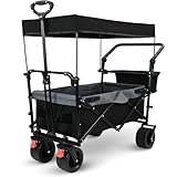 Bollerwagen faltbar mit Dach Kili - Extra Breite Reifen | Handwagen Transportwagen belastbar bis 120kg Feststellbremsen Sonnen- und Regenschutz, Schwarz