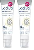 Ladival Aktiv Sonnenschutz Creme & Stift LSF 50+ - Sonnencreme für Gesicht und Lippen, praktische Kombipackung, ideal für Reisen, für normale und empfindliche Haut, wasserfest, 30ml & 3,2g