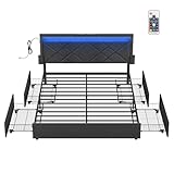 VASAGLE Doppelbettgestell, Bettgestell, 160 x 200 cm, LED, Metallbett, 4 Schubladen, Ladestation, verstellbares gepolstertes Kopfteil, schiefergrau-Mattschwarz RMB828G02