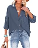 NONSAR Bluse Damen Lässiges Hemd mit V-Ausschnitt 100% Baumwolle Lockere Passform Solide Dickes Oberteil Elegant mit Tasche(9353XXL,Dunkelgrau1)