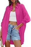 Cicy Bell Damen Bluse Oversized Langarm Button Down Shirts Baumwolle Oberteil Casual Einfarbig T-Shirts Herbst Locker Tops mit Taschen Rosa XL