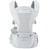 Bebamour Babytrage für Neugeborene bis Kleinkinder, Hüfttrage 0-36 Monate mit Kopfhaube, 3 Stück Beißpolster, Hüftverlängerung, grau