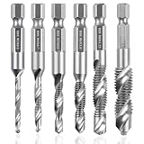 6-teiliges Gewindeschneider Set, M3 M4 M5 M6 M8 M10, HSS Spiralbohrer Set, Kombi-Bohrer und Gewindebohrer Set mit Sechskantschaf für Zubehör Bohrmaschine, Gewindeschneidmaschinen, Holz, Kunststoff