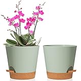 T4U 20cm Kunststoff Blumentopf mit Untersetzer 2er-Set, Moderner Blumentöpfe Set mit Drainageloch für Orchideentopf, Hydrokultur Topf und Zimmerpflanzen, Blumentopf mit Bewässerungssystem, Grün