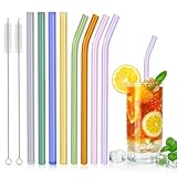 8 Stück Wiederverwendbare Glasstrohhalme Set, 4 Gebogene Glas Strohhalme und 4 Gerade Glas Trinkhalme mit 2 Reinigungsbürsten, Glas Strohhalme Bunt für Cocktails, Smoothies, Bubble Tea