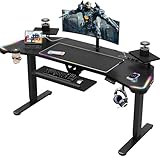 JUMMICO Höhenverstellbarer Schreibtisch, Großer LED-Gaming-Tisch mit Kabellosem Ladegerät, 186 x 60cm, Computertisch mit Multifunktionaler Steckdose, Verstellbarem Tastaturfach, RGB-Mauspad, Schwarz