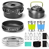 Odoland Camping Geschirr Set 17-teilige Kochset Topfen mit 0.8 L Teekessel Campingbesteck und Becher Leicht Aluminium Campingtopfe Faltbare Kochgeschirr für Outdoor Kochen