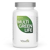 VITACTIV Multi Green Life - Green Food Multivitamin Präparat - Natur Komplex 100 Nährstoffe - Vitamin C, D, E, B Vitamine - Mineralien, Enzyme, Omega3, Vitalpilze, Probiotika, Superfood - 90 Kapseln