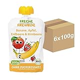 FRECHE FREUNDE Bio Quetschie Banane, Apfel, Erdbeere & Himbeere, Fruchtmus mit Obst im Quetschbeutel für Babys ab dem 6. Monat, vegan, 6er Pack (6 x 100g)