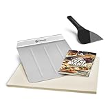 BURNHARD Pizzastein inkl. Pizzaschaufel & Teigspachtel, Für Backofen, Gasgrill & Holzkohlegrill aus Cordierit und Edelstahl für Brot, Flammkuchen & Pizza, rechteckig - 38 x 30 x 1,5 cm