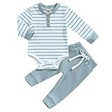 JiAmy Baby Jungen Kleidung Langarm Gestreift Body Strampler + Hose Outfit Set Neugeborene Weiche Baumwolle Babykleidung 0-3 Monate Blau