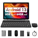 PRITOM 10 Zoll Tablet, 3-in-1 Tablet, 8 GB(4+4 GB Expand), 64 GB ROM, Android 13, 1TB Expand,Qcta core, WiFi 6, 6000 Mah, Tablet PC mit Tastatur, Maus, Case,Grau