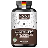 Raibu Cordyceps Kapseln - 200 Kapseln - 21000 mg Pilz-Extrakt pro Tagesdosis (10:1) - 40% Polysaccharide - Cordyceps Sinensis mit schwarzem Pfeffer