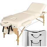 tectake höhenverstellbare Massageliege klappbar mit 3 Zonen, Massagetisch, 10 cm Polsterung, Mobile Massageliege, Kopf- und Armstütze, Massagebank mit Holzfüßen, Zubehör Tragetasche - beige