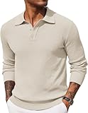COOFANDY Herren Poloshirt Langarm Strickpullover Polo Pullover Männer Basic Pulli Beige L