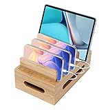 Holz Ladestation für Mehrere Geräte, 6 Fächer Desktop Handy Docking Holder USB Multi Charger Organizer Dockingstationen Kompatibel mit Telefon, Tablet, Uhr, Ohrhörern