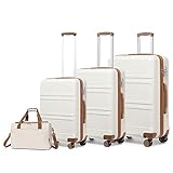 KONO Kofferset 4 Teilig Hartschalekoffer mit TSA Schloss Gepäcksets Handkoffer Mittelgroß Groß Trolleys mit 40x20x25cm Ryanair Reisetasche (55cm/65cm/74cm Koffer Trolley Set und Tasche), Cremeweiß