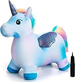 U&C Planet Hüpftier, Blauer Einhorn Hüpfpferd Animal Hopper mit Plüschdecke,100kg Tragfähigkeit, Springpferd für Kinder 1-6 Jahre, Geschenk für Geburtstag & Weihnachten, Indoor & Outdoor