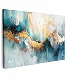 MuchoWow© Leinwandbilder Groß 120x80 cm XXL Wall Art Decoration Bilder für die Wand Schlafzimmer Deko Canvas Painting Wanddekoration Wohnzimmer Abstrakt - Kunst - Gold - Blau