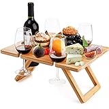 YOUEON Tragbarer Wein-Picknicktisch mit 5 Weingläserhalter, faltbar, Champagner-Picknick-Snack-Tisch, Holzwein- und Snack-Tisch für Picknick, Outdoor, Camping, Park, Indoor, Weinliebhaber Geschenk