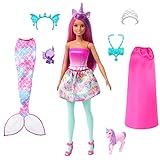 Barbie Dreamtopia Puppe Kleidung und Zubehör für Looks 18+, Meerjungfrauenschwanz, Baby-Einhorn, Röcke und mehr, 1 Puppe inklusive, Geschenk für Kinder ab 3 Jahren,HLC28