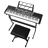 LALAHO Tragbare Keyboard Piano 61 Tasten für Anfänger, Digital Piano mit Keyboardständer, Klavierbank, Notenständer, Mikrofon, Kopfhörer, LED-Bildschirm, 3 Lernmodi