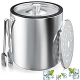 Eiswürfelbehälter, Eisbehälter rund mit Sieb und Eiszange, 2L Eiswürfelbehälte, Edelstahl Eisbehälter,Eiswürfel-Kühler für Bar, Party, zur Aufbewahrung von Eis und zum Kühlen von Getränken