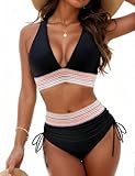 Hicodbek Bikini Damen Set Sexy Badeanzug Bademode Hohe Taille Farbblock Zweiteiliger Kordelzug Badeanzüge Bikinis für Frauen (DE/NL/SE/PL, Alphanumerisch, S, Regular, Regular, Schwarz)