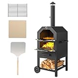 Outsunny 2-In-1 Pizzaofen Outdoor mit Rollen Grillofen mit Schutzhülle Pizzaschaufel 2 Grillnetzen Grillwagen mit Schornstein 3-Tier Holzbackofen für BBQ Stahl Schwarz+Silber 66 x 45 x 158 cm