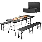 Sekey Bierzeltgarnitur Klappbar Kunststoff | Tisch + 2 x Bierbank mit Tragegriffe Gartenmöbel Set | 180cm Festzeltgarnitur für drinnen - draußen | Biertisch Set Garten (Schwarz)