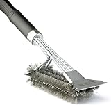 Grillbürste mit Schaber, Breiten Reinigungskopf mit dreireihigen Edelstahlborsten, langem ergonomischem Griff für sichere Handhabung, ideal zum Reinigen von Gas-, Holzkohle- & Elektrogrills