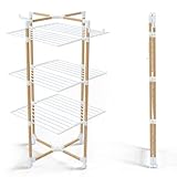 VOUNOT Wäscheständer Turm 3 Ebenen, Turmwäscheständer Klappbar Platzsparend, Standtrockner Wäscheturm Wäschetrockner mit 4 Rollen & 6 6altbaren Flügeln, 25m Leinenlänge, in Holz Imitiert, Weiß