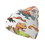ZhanMg Gestrickte Wintermütze mit Cartoon-Dinosaurier-Bildern, leicht und elastisch, perfekt für kaltes Wetter, Reisen und Outdoor-Aktivitäten, Schwarz, Einheitsgröße