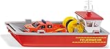 siku 2117, Feuerwehr Arbeitsboot, 1:50, Metall/Kunststoff, Rot/Gelb, Inkl. Ford F150 Pick-Up und Stickerbogen