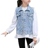 Nyeemya Mädchen Ärmellose Jeansjacke Denim Outfit Jacke Zerrissene Jeansweste Frühling Herbst Weste Mantel mit Knopf für Kinder Hellblau 158-164