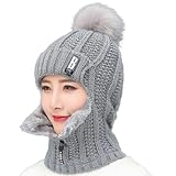 2 In 1 Winter StrickmüTZE Schal MüTZE Set WintermüTZE Strickschal Winddichte Cap Beanie Damen Warme Loop Schlupfmützen Skimaske Halbe Sturmhaube Winter Skimaske