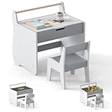 LIFEZEAL Kindertisch mit Stuhl, Abnehmbarer Kinderschreibtisch mit Stauraum, Kindersitzgruppe mit doppelseitiger Tafel, Kinder Tisch Stuhl Set zum Spielen, Lesen, Malen, Essen (Grau + Weiß)