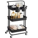 SONGMICS Rollwagen, 3-Ebenen-Aufbewahrungswagen, mit Griff, 2 kleine Organizer, Stahlrahmen, Plastikkörbe, für Schlafzimmer, Waschküche, Badezimmer, Schwarz BSC067B01