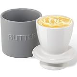 QIAMO Keramik Butterdose, Französische Butterdose mit Deckel, Butterglocke aus Porzellan, Butterdose Grau mit Wasserlinie, für weiche Butter